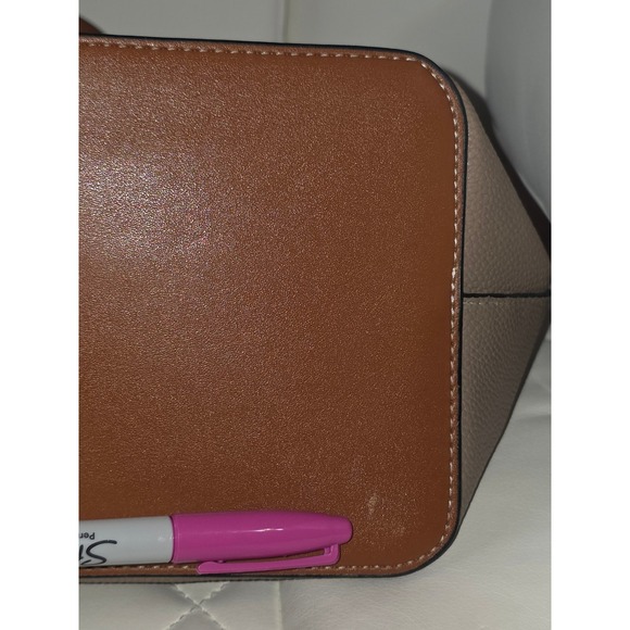 London Fog Tote Bag Taupe Faux Leather Brown Accent Pocket Shopper - Picture 5 of 8